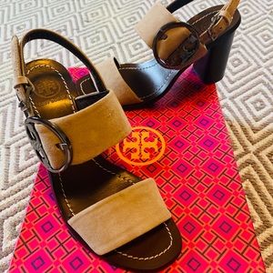 NEW Tory Burch Thames Grey Suede Sandals with Heel